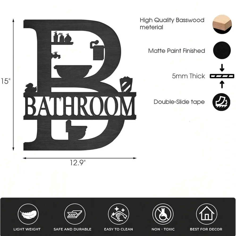 Brand New Wooden Bathroom Wall Art Black Farmhouse Bath Decor 15